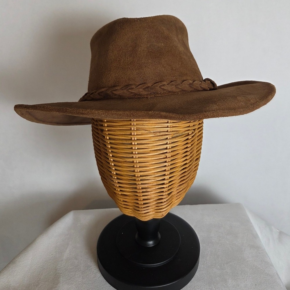 Minnetonka Brown Suede Leather Outback Cowboy Hat Braided Band Large Made In USA